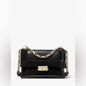 Michael Kors Cece Python-Embossed Leather Shoulder Bag Black Gold Hardware